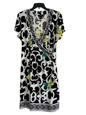 Alfani Black White Yellow Scroll Floral Print Cap Sleeve Faux Wrap Dress Large